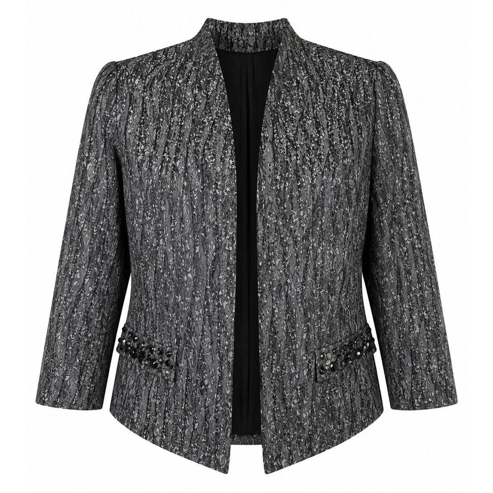 Kasper Gray Metallic Blazer Women 6 Jacquard Open Front Jacket Rhinestone Beaded
